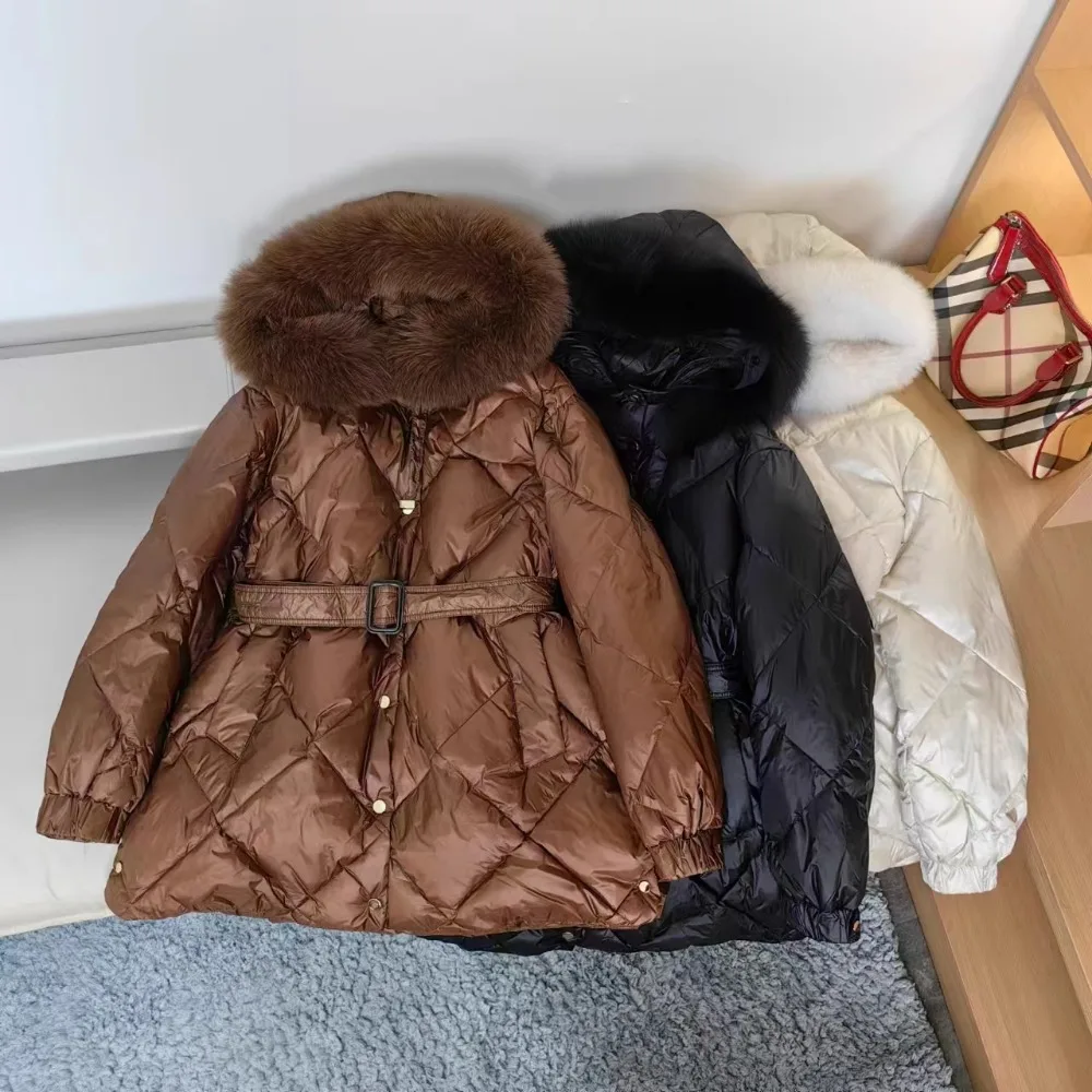 

2025 New Autumn Winter Women Clothes Fashion Mid-length Warm Thick Fur White Duck Down Coat Real Fox Fur Puffer Jacket Female