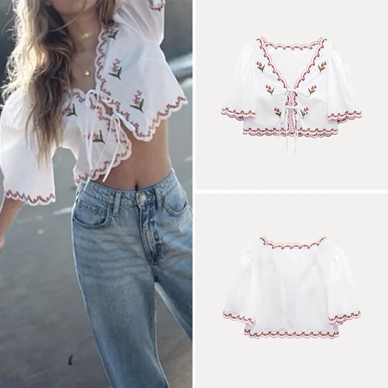 

Faionable Floral Embroidery Women's irt Simple Sle Silk Blend Top Z Brand Polyester Fiber 00% Versatile Sle