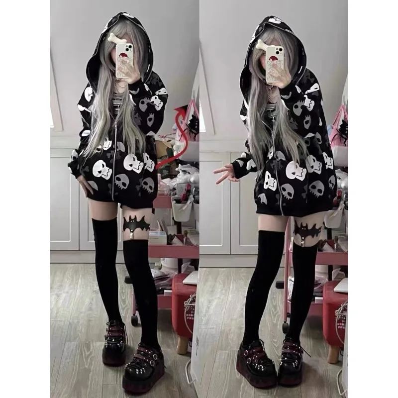 Subculture Punk Streetwear Autumn Winter Skull Print Hoodie with Hooded Woman Casual Zipper Coat Black Rock Cool Sweatshirts