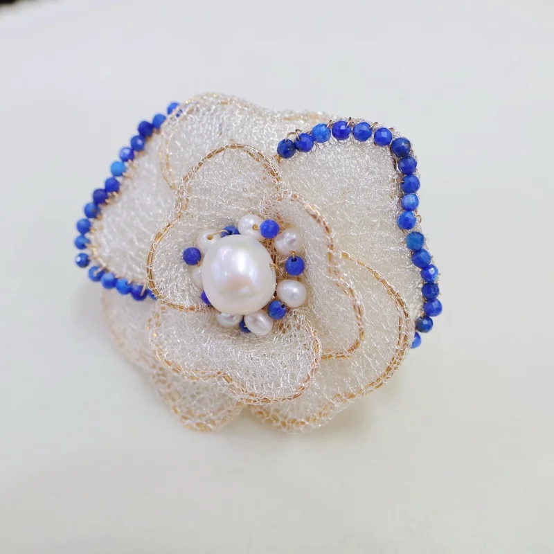 

SGARIT 14k Filled Gold Fine Jewely Edison Pearl Ring Lapis Handmade made Lace Craftsmanship Woman Rings