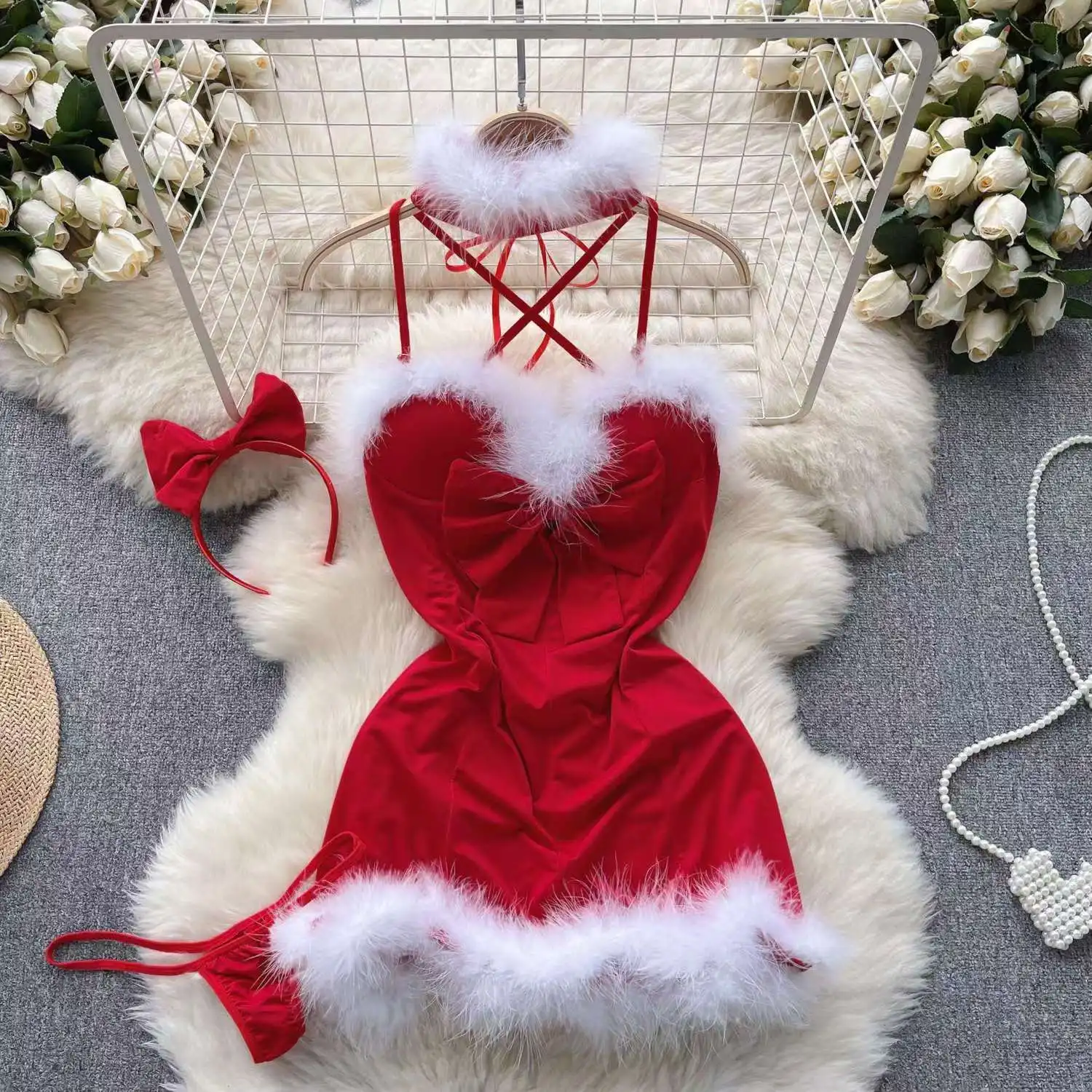 New Christmas Sweet Women's Dress Plush Patchwork Slim Sexy Red Short Dress Cross Strap Halter Neck Bodycone Dress Erotic Pajama