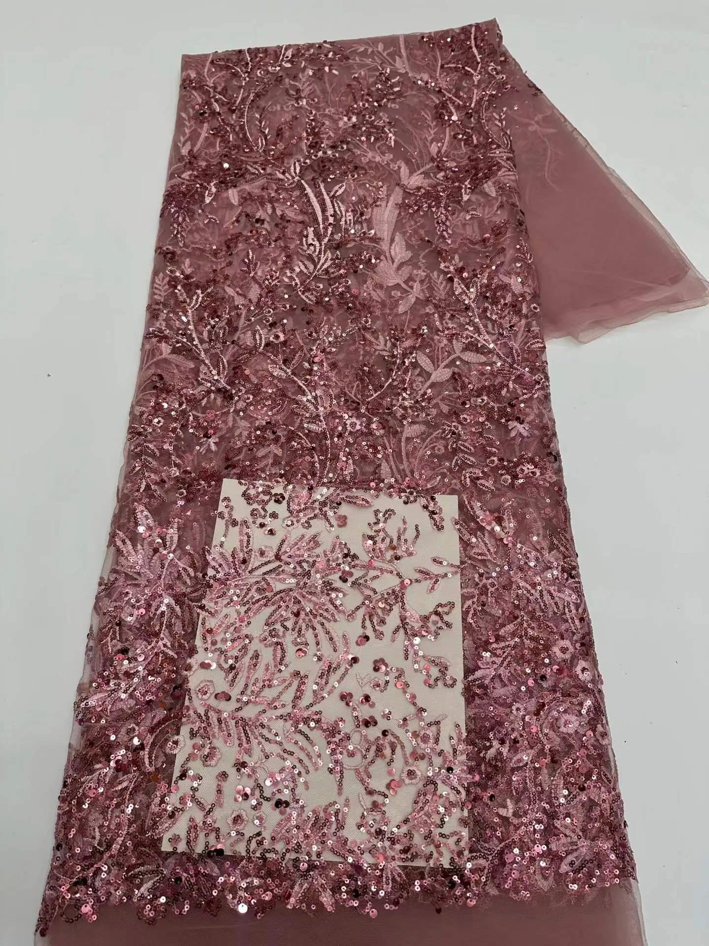 

French Lace Fabrics 2026 High Quality African Beaded Embroidered Nigerian Sequins Tulle Lace 5 Yards For Sewing Party Dresses
