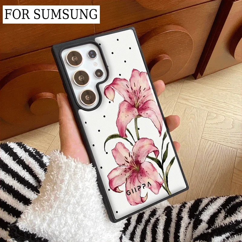 ins Lily Print and Polka Dots Epoxy Phone Case Anti-drop  FOR Samsung Galaxy 23/24/25/26 PLus FE ULTRA EDGE