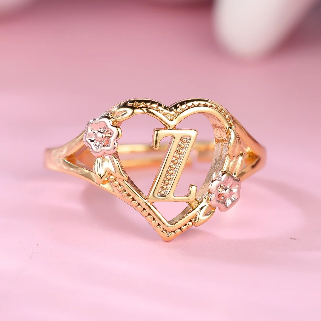 Cute Charm Female A-Z Letter Rose Gold Heart Wedding Rings Promise Open Adjustable Engagement Jewelry For Women