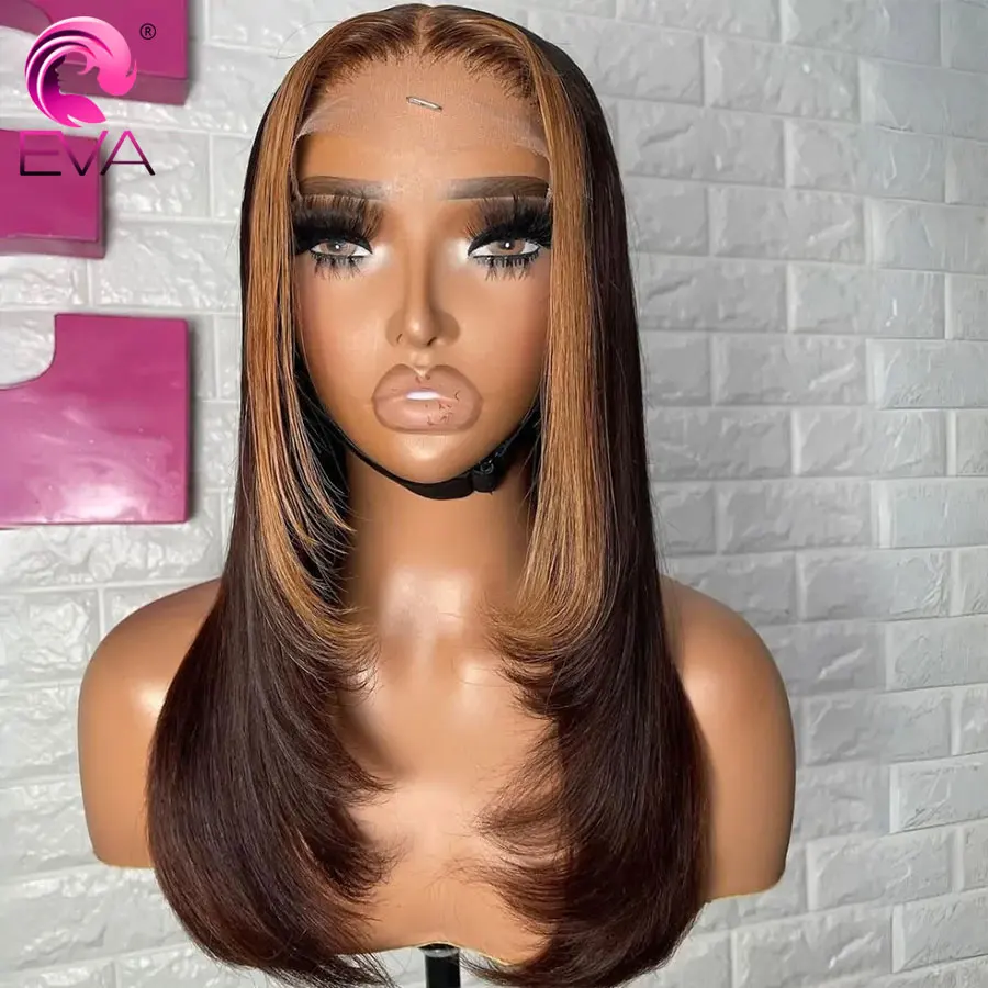 Eva Layer Cut Wigs Brown With Blonde Layered Straight 13x6 Lace Front Human Hair Wigs Pre Plucked Bleached Knot Lace Frontal Wig