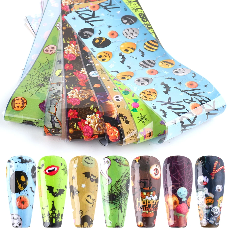 10 Stück Halloween Nagel-Transferfolien-Aufkleber Kürbis Geist Spinnennetz Totenkopf Fledermaus Nagelkunst-Aufkleber Feiertags-Maniküre-Dekorationen