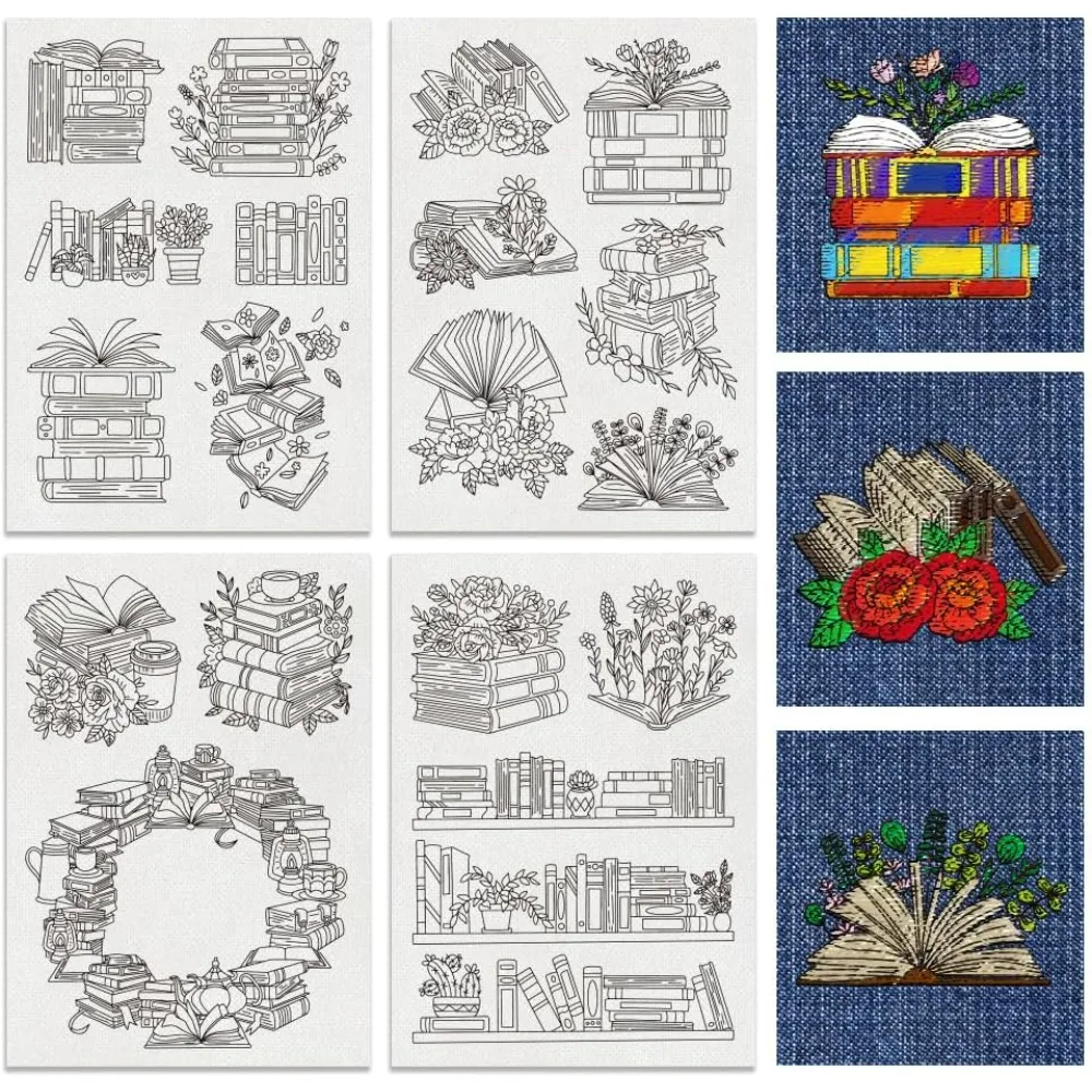 4 Sheets 18PCS Stick and Stitch Embroidery Paper Books and Flower Theme Stabilizer Water Soluble Hand Sewing making kit