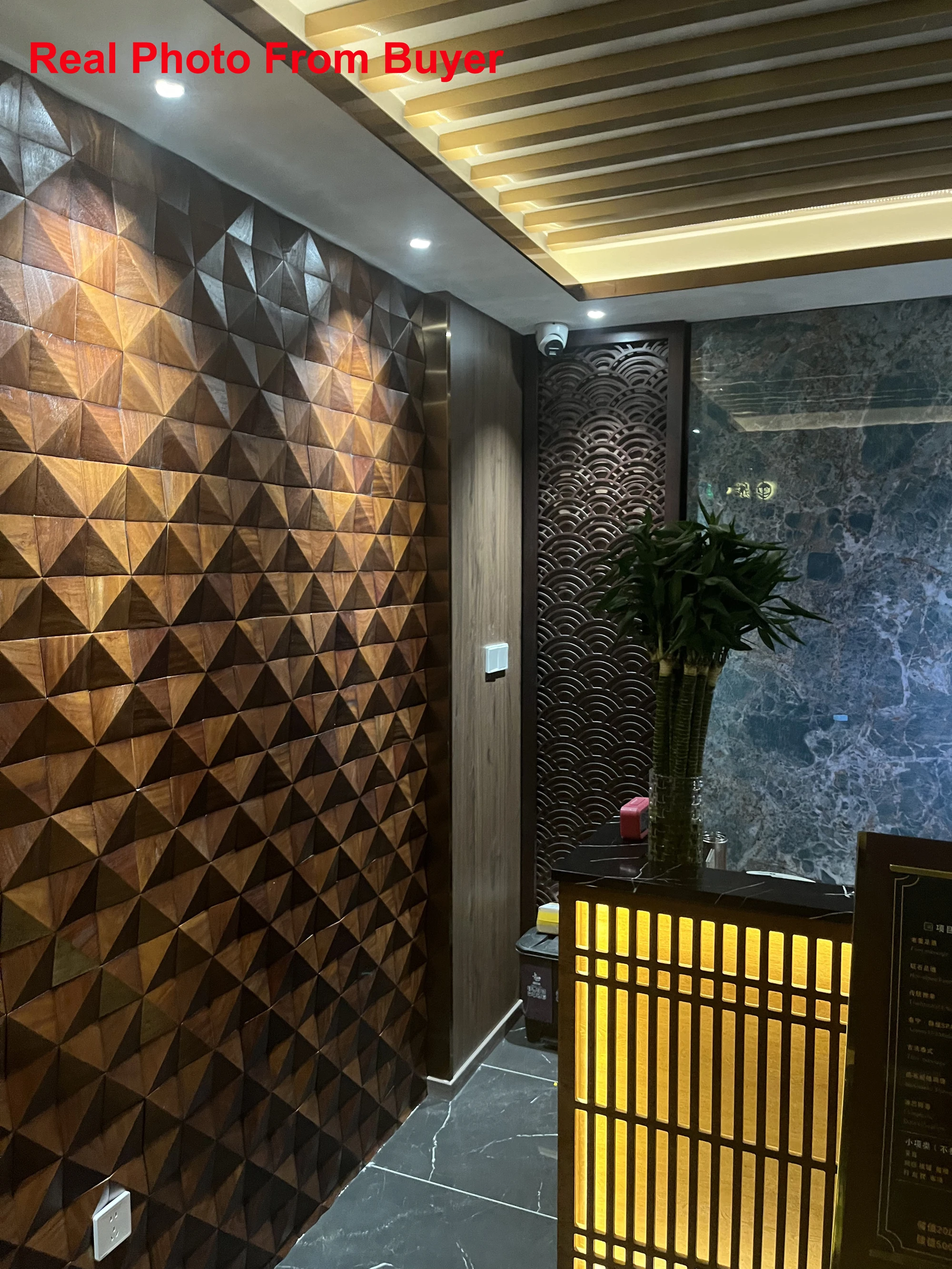 18Pcs Natural Wooden Mosaic Tile Acoustic Wall Panels 30x30cm Triangle Design for Exhibition Hall Background Art Decor