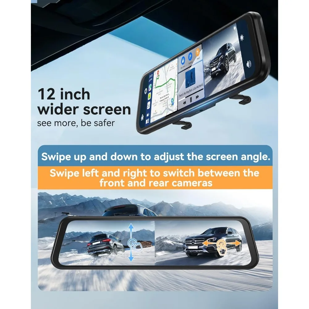 كاميرا مرآة الرؤية الخلفية مقاس 12 بوصة مع CarPlay Andorid Auto، كاميرا احتياطية أمامية وخلفية بدقة 4K مع مساعدة/حلقة R عكسية