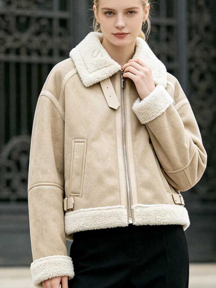 TFMLN Women Thick Warm Faux Suede Leather Fur Short Jacket Retro Fashion Female Zipper Winter Causal New Chic Street Outwear