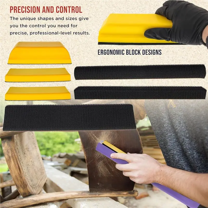 SYW-ハンドヘルドフックアンドループサンダーパッド-7ピースハンドサンディングブロックセット、フラット、長方形、曲線、丸型、曲線形状