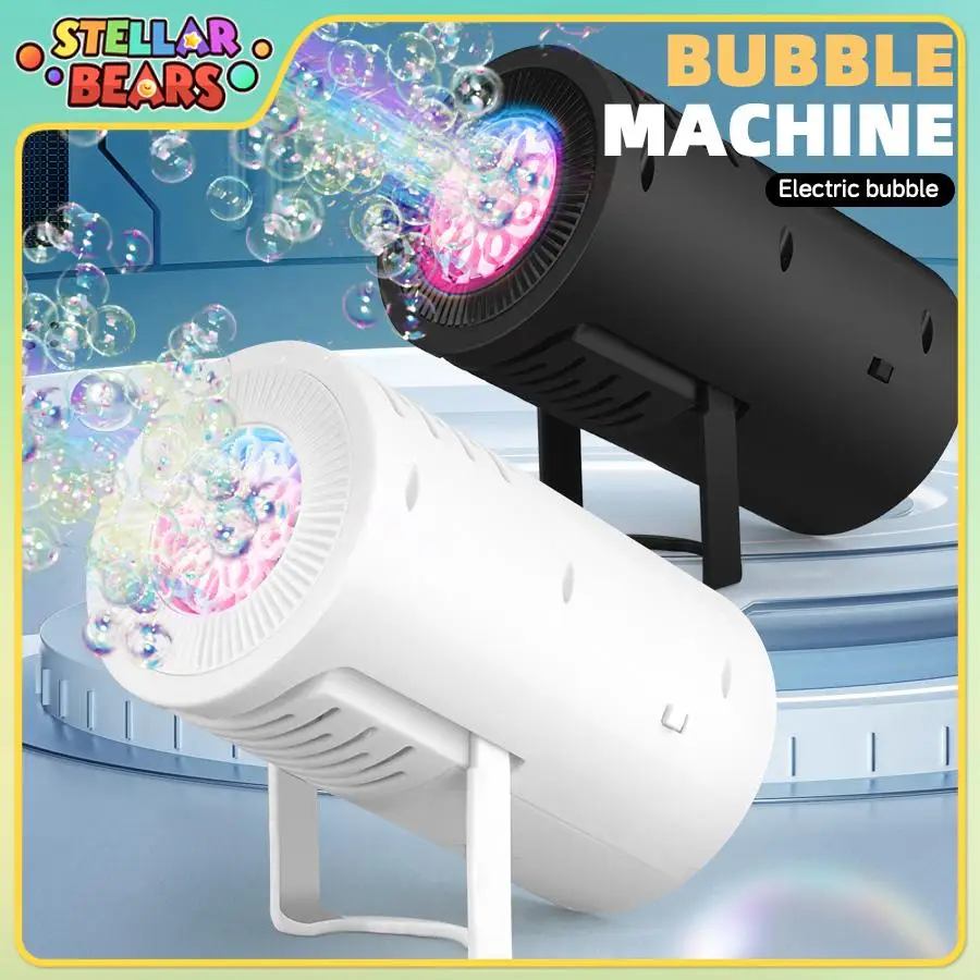 Macchina per bolle elettrica con luci, bolle di sapone, giocattoli per bambini, festa all'aperto, palcoscenico per matrimoni, macchina automatica per bolle