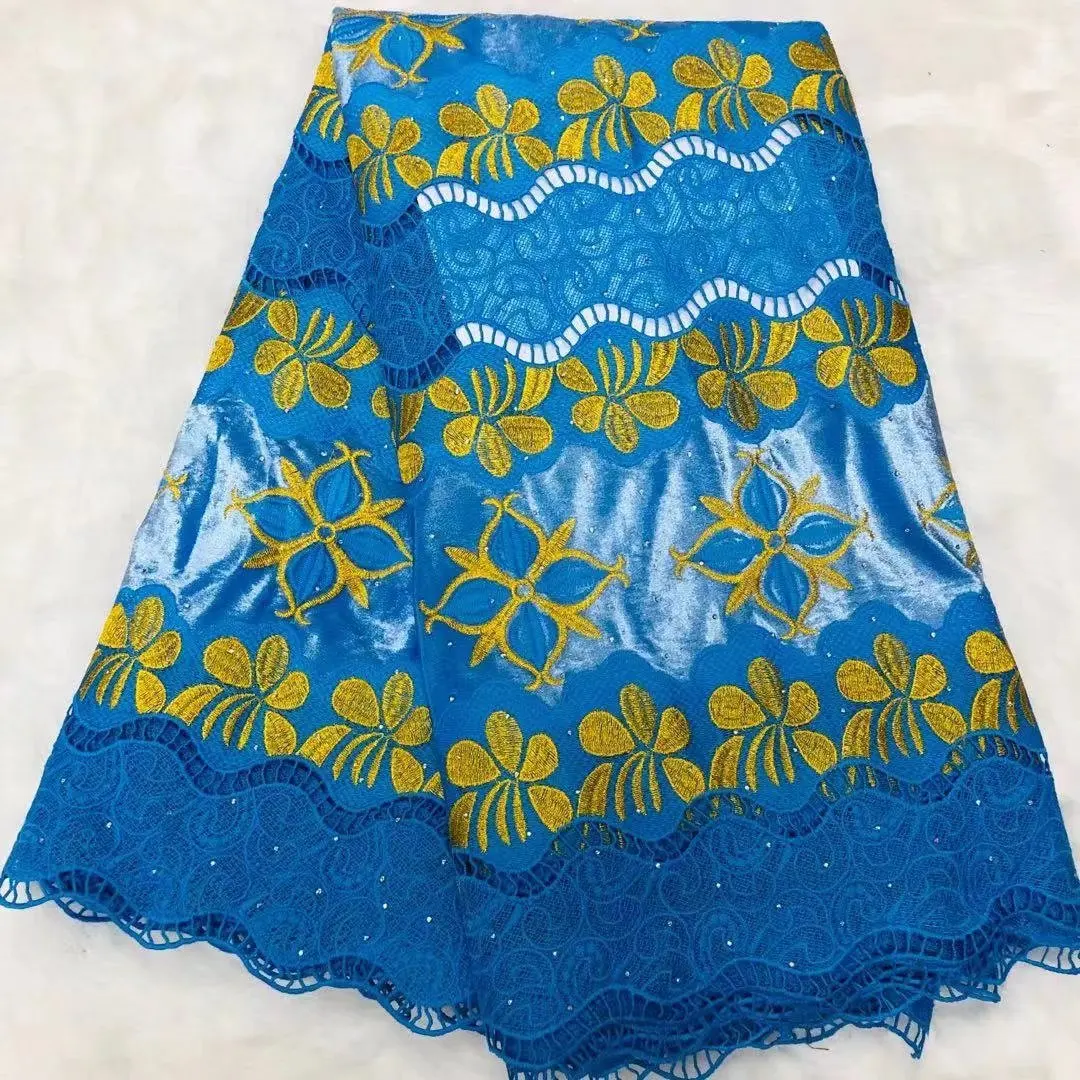 

5Yards/Lot Fashion Sky Blue Velveteen Fabric African Soft Velvet Material And Guipure Lace Flower Embroidery For Dressing LS27