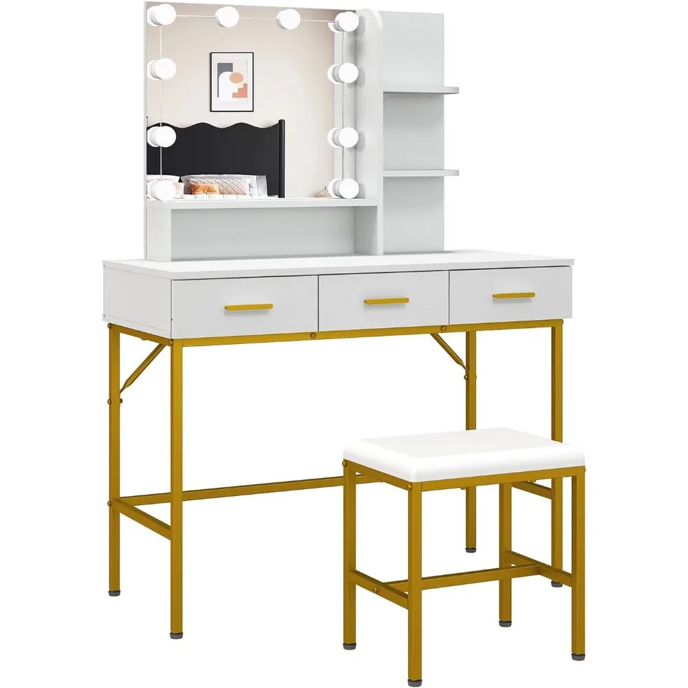 

Table with Lighted Mirror, 3 Drawers Makeup Desk Dressing Table with Lots Storage Vanity Set with Wider Cushioned Stool