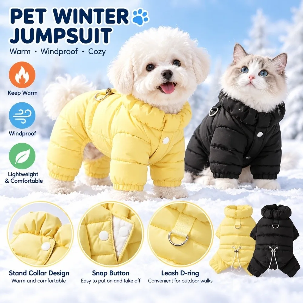 Waterproof Fabric Dog Jacket Four Legs Design Padded Cotton Puppy Down Jacket Warm Insulation Solid Color Dog Jumpsuit