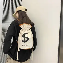 Men's women's Canvas tote bag Causual Crossbody Money Symbol  High-capacity Whte Bucket Bags For Traveling Gym Commute Backpack