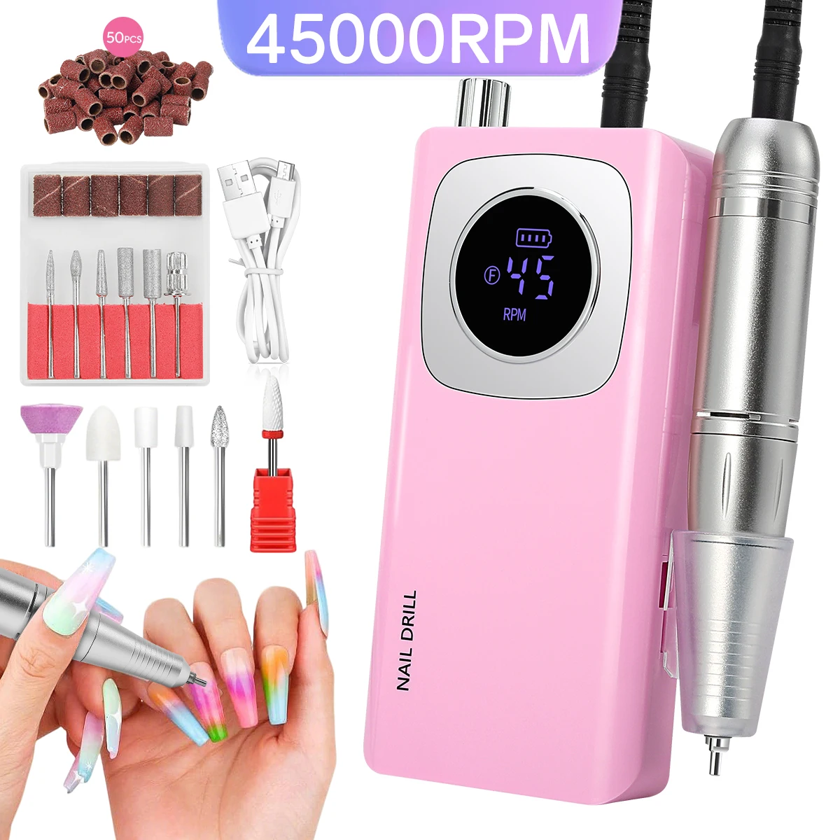 

Professional 45000RPM Electric Portable Nail Drill Machine With Nail Drill Bits Rechargeable Low Noise Nail Sander For Manicure