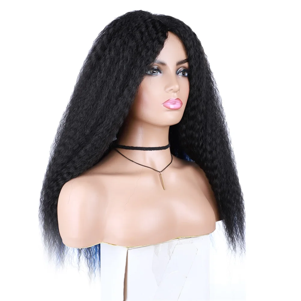 Lydia 20Inch Kinky Straight Long Natural Wavy Synthetic Wig Skin Topper Mixed Piano 1B/Blue Fluffy Tanglefree Curly Daily Wigs