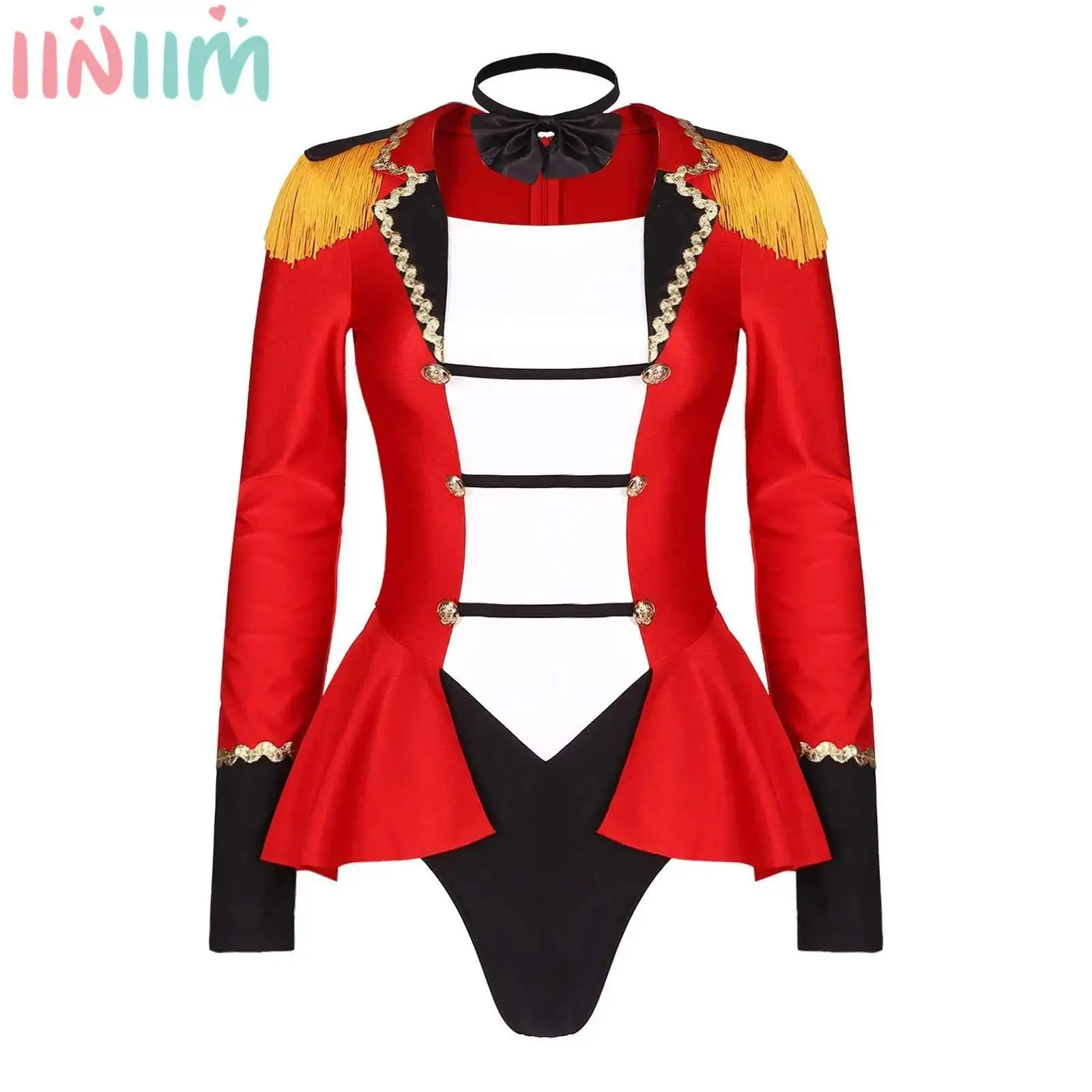 

Womens Circus Ringmaster Cosplay Jumpsuit Halloween Theme Party Showman Performance Costume Naughty Tassel Jacket Leotard