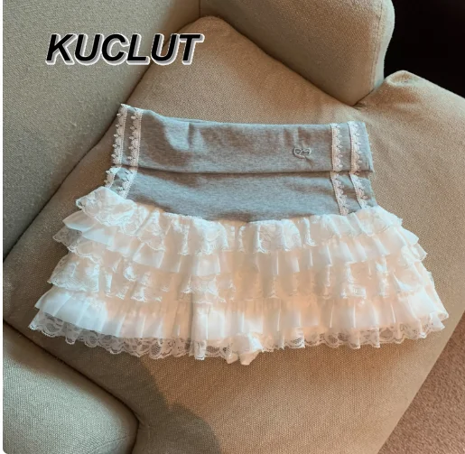 College-Stil, hohe Taille, Spitze, schmaler kurzer Rock, Damen, Faldas, 2025, neuer Sommer, hohe Taille, Spitze, Nähte, Minirock, Lolita, Mädchen