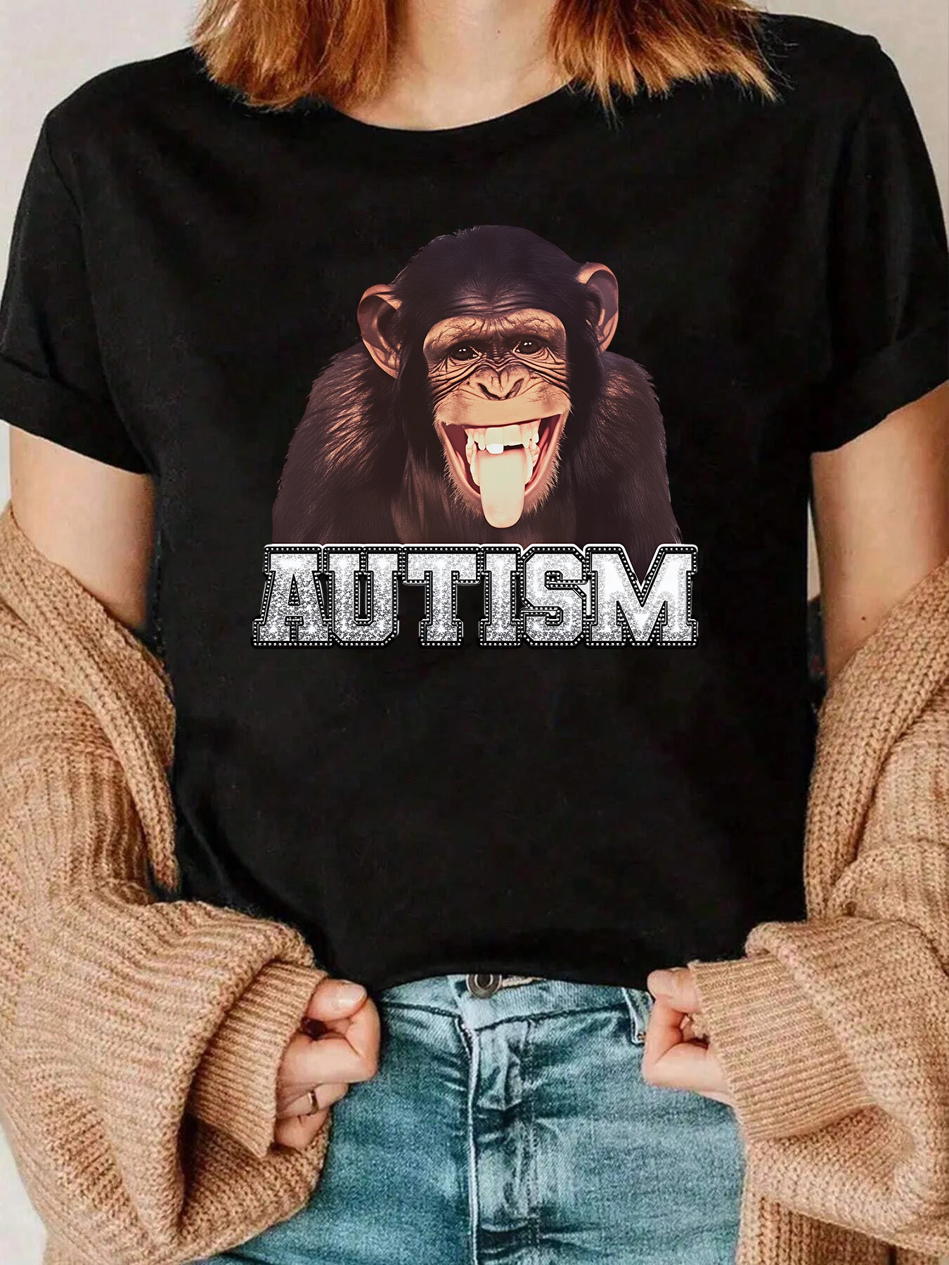 الشمبانزي طباعة التوحد النص تي شيرت لباس غير رسمي للنساء 220 جرام