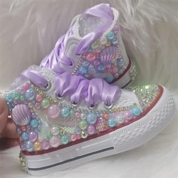 Dollbling Shell Simulation DIY Bling Handmade Shoes Canvas Mermaid Theme Kids High Top Pearls Sneakers Under the Sea Shoes