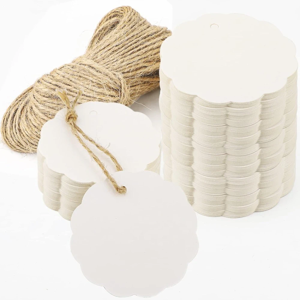 

White Wavy Round Gift Labels, DIY Handicrafts, White Paper Label Stickers, Birthday Party Decorations, Jute Ropes