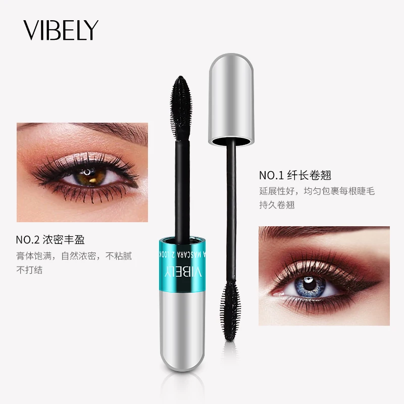 VIBELY-Mascara lavable 5x plus long, 2 en 1 4D injFiber Lash, sans grincement, mascara noir longue durée