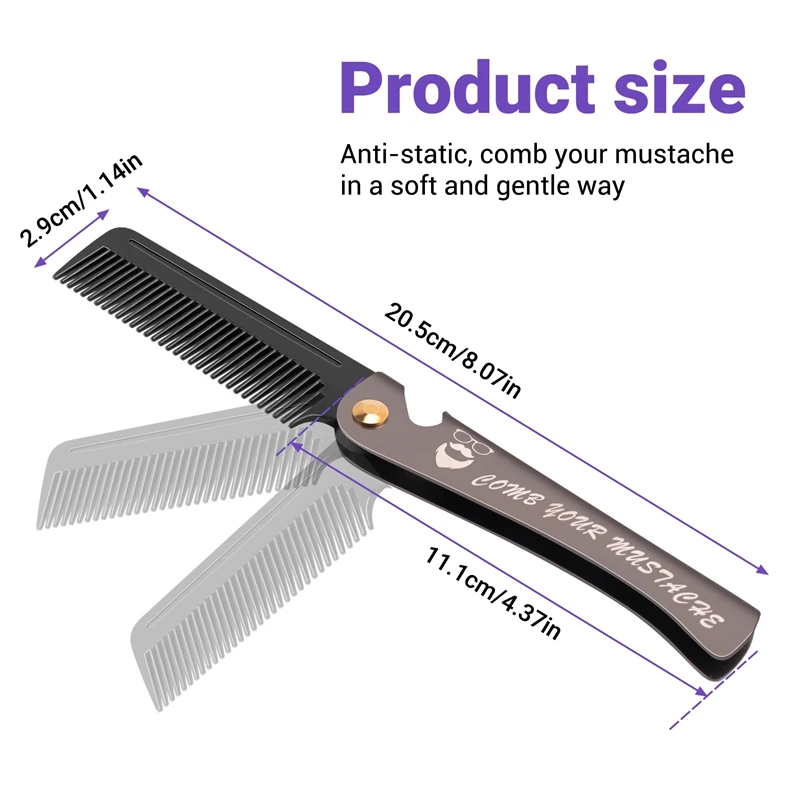 مشط جيب قابل للطي للرجال ، مشط لشعر اللحية وفك الأسنان ، مقبض معدني ، تمشيط قابل للطي ، مشط لشارب الوجه ، 1 ford