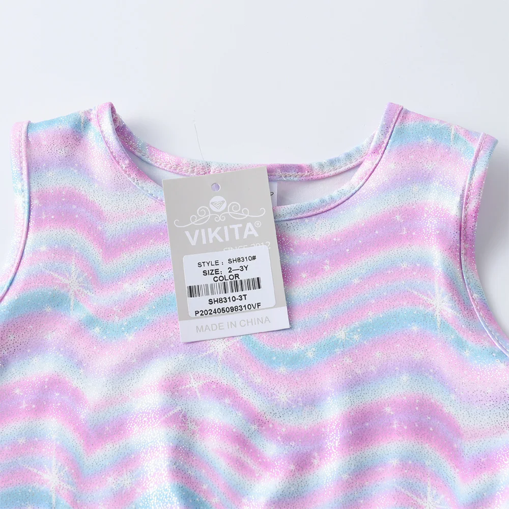 VIKITA Mädchen-Sommerkleid, ärmellos, für Kinder, glänzend, gewellt, gestreift, Farbverlauf, bunt, Tüll, Netzstoff, mehrlagig, für Party, Schule, Alltag, Tutu-Kleid – Detail 3