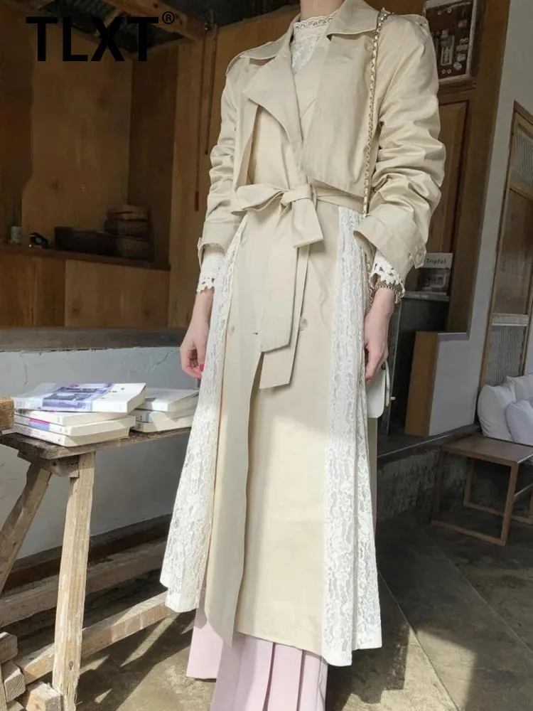 

TLXT Women's Lace Trim Patchwork Windbreaker Lapel Long Sleeved Lace Up Trench Coat 2025 Autumn New Clothing XK1420