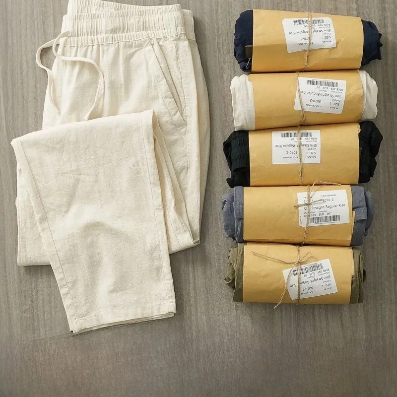 

Japanese Style Slim Fit Linen Cotton Casual Pants Breathable Moisture Wicking Loose Elastic Waist Straight Leg Men's Trousers