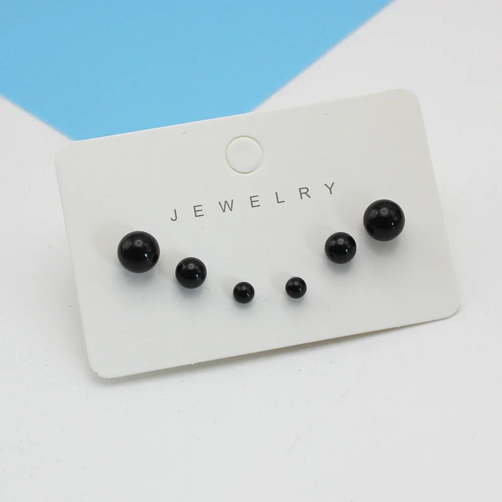 4mm 6mm 8mm 3Pairs Black Round Ball Imitation Pearl Stud Earring for Women Simple Temperament Ear Jewelry Christmas Day Girl