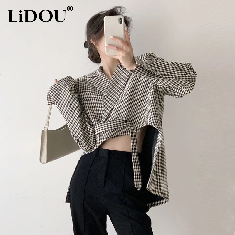 Autumn Winter Street Style Houndstooth Printed Irregular Blazers Female Loose Casual Tank Top Women Trend Fashion Cardigan Coat