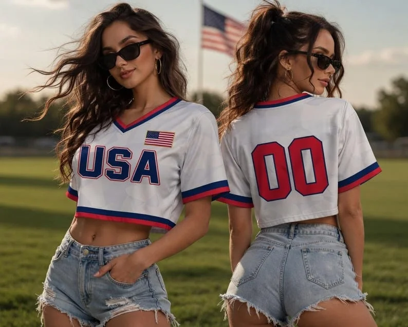 2026 New USA Flag Printed V-neck Short T-shirt Summer Women Football Style Support Top T-shirt Street Trendy Women's Top