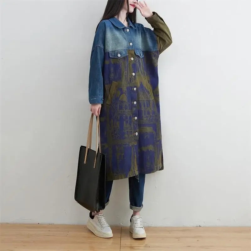 Jean Jacket for Women 2023 Spring Autumn Patchwork Printed Lapel Single Breasted Long Denim Trench Coat for Women Clothing Tops