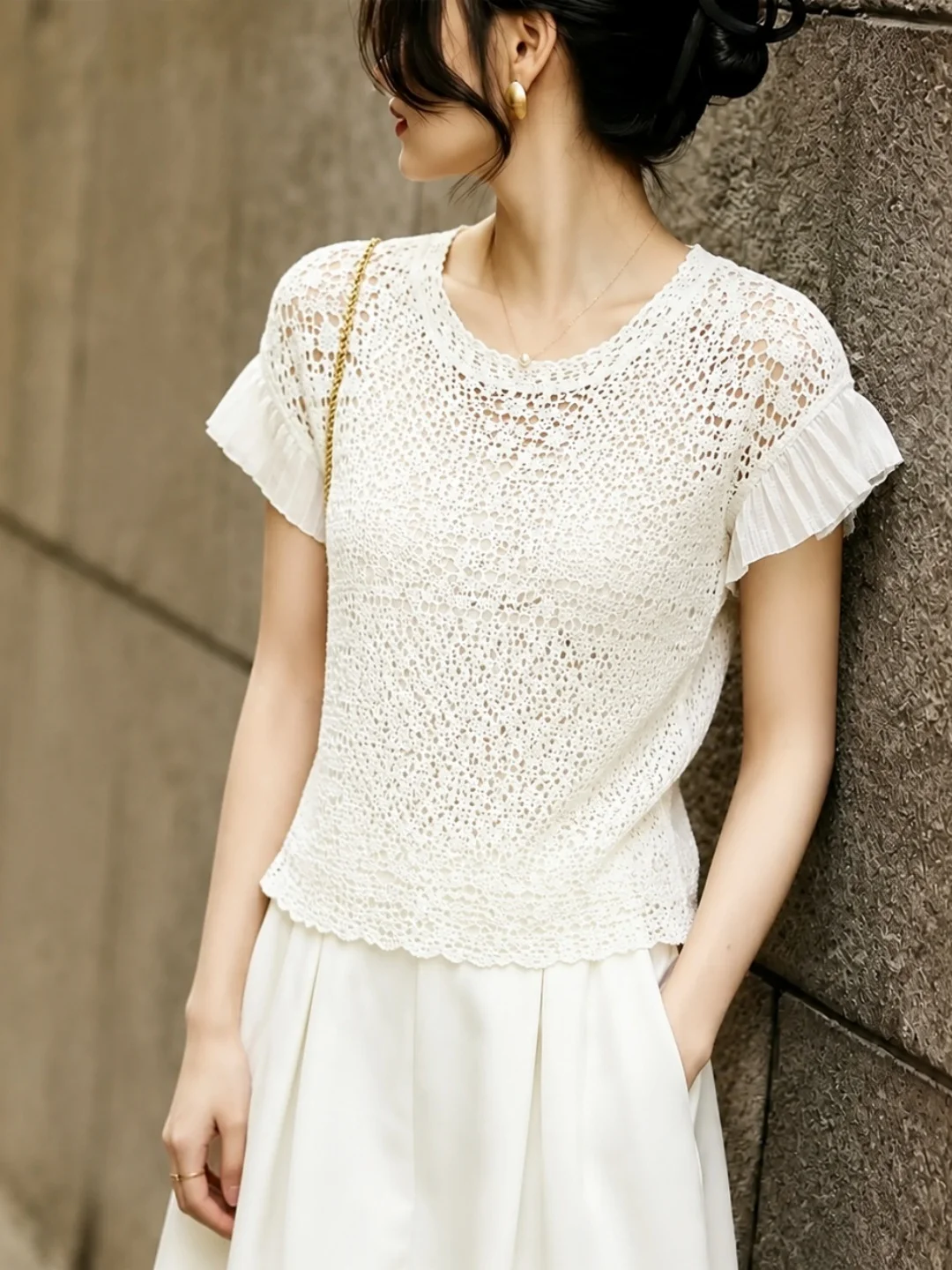 Fashionable Hollow out Commute Shirt 2026 Summer Slimming Top Versatile High-End Feeling Poetica Style Silk Women's Blouse
