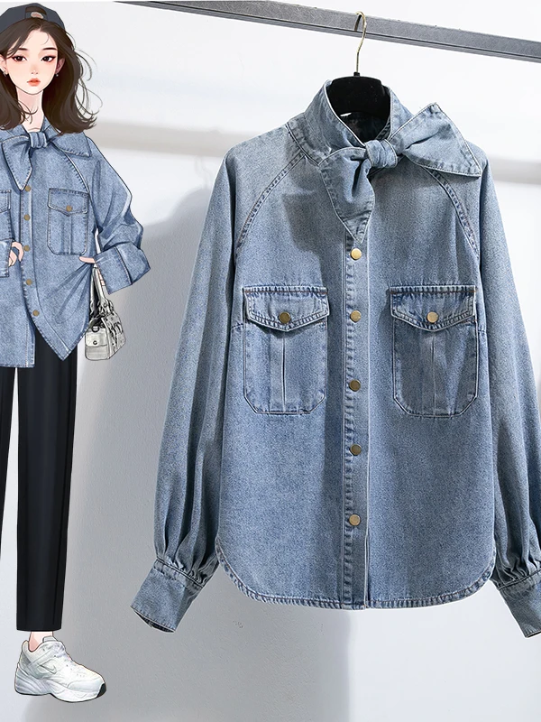 Luźna kurtka jeansowa damska typu lantern, z kołnierzem stójką, dżinsowa odzież wierzchnia, jesienna długa kurtka plus size.