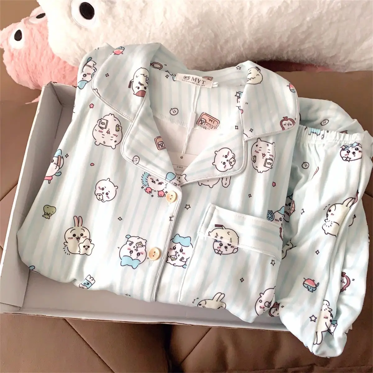 

Anime Japanese Y2K Chiikawa Women's Spring Autumn Pajamas Hachiware Long Sleeves Long Pants Cute Student Leisure Lapel Homewear