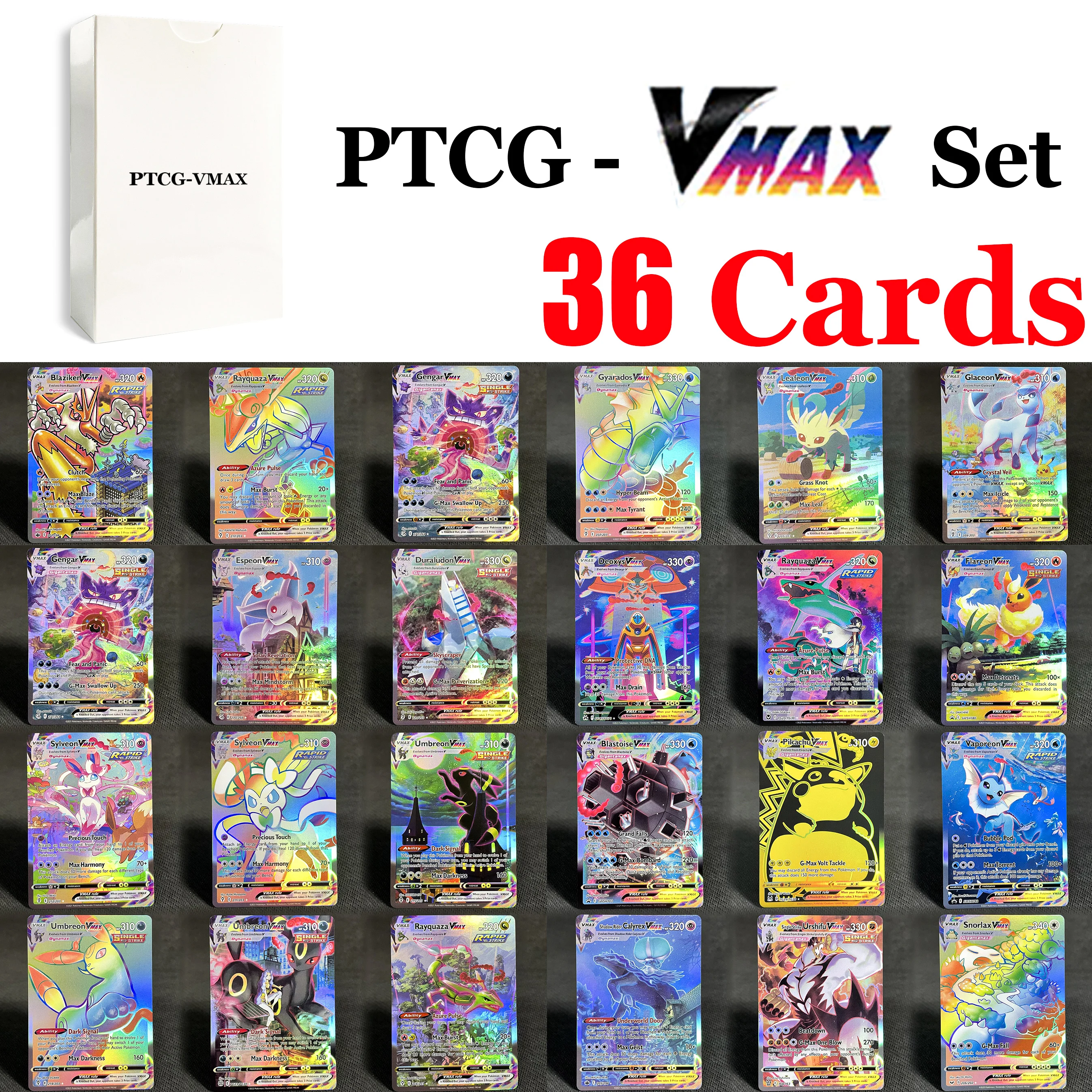 

36 шт./компл. серия PTCG-VMAX редкая радужная карта Blastoise/Gengar/Inteleon/Leafeon/Rayquaza/Urshifu Proxy PKM весь набор карт