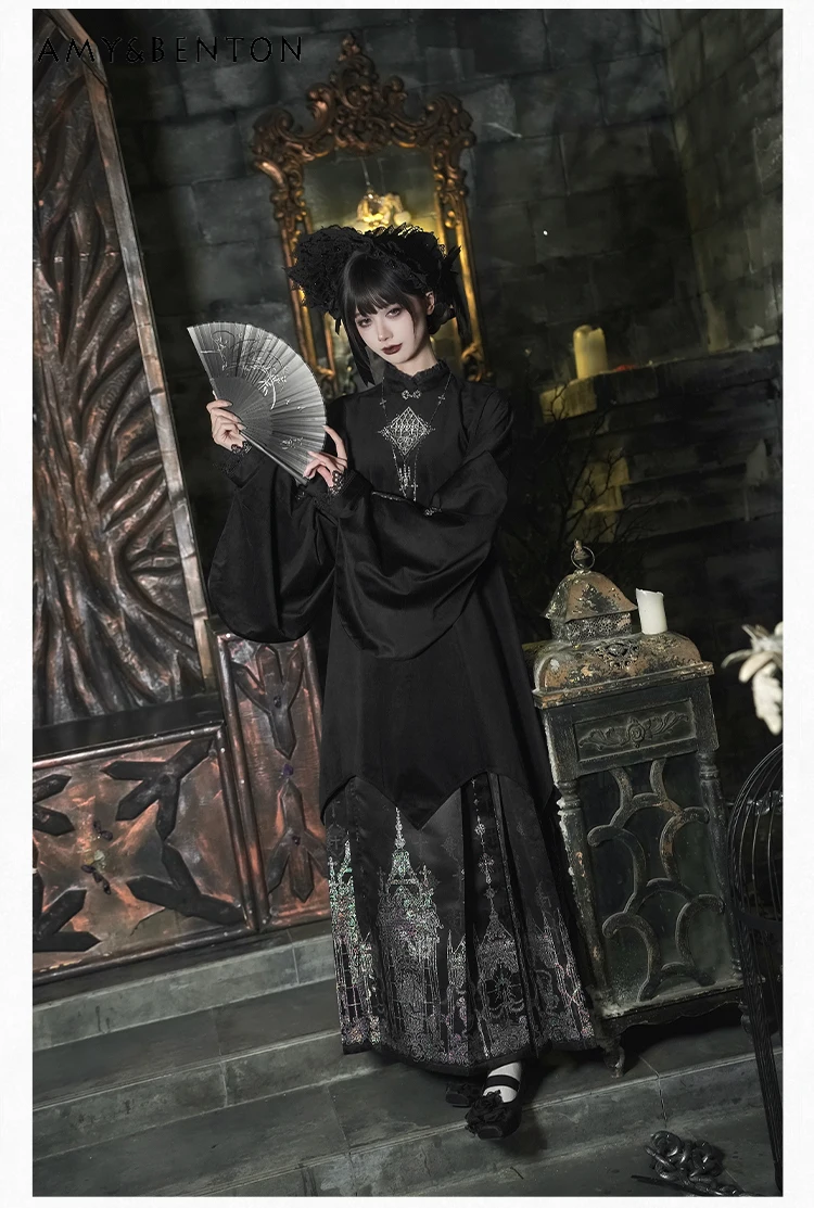 

Spring and Autumn New Gothic Dark Style Long Sleeve Long Black Dress Versatile Necklace Hairband Short Slim Fit Shirt