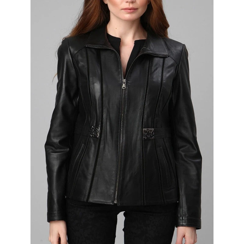 

Women High Quality Authentic Lambskin Natural Leather Black Lined Casual Jacket