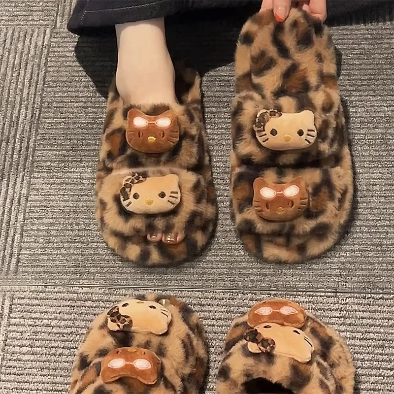 Sanrio Hello Kitty Leopard Print Plush Flat Cotton Slippers  Non-Slip Outdoor Home Slipper Autumn Winter Spicy Thick Bottom ﻿