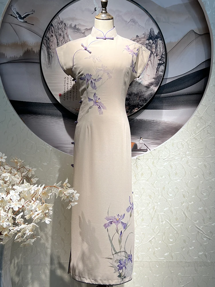 

Женское винтажное платье с фиолетовым цветочным принтом, дышащее, с коротким рукавом, с низким разрезом, для повседневной носки, удобное, легкое