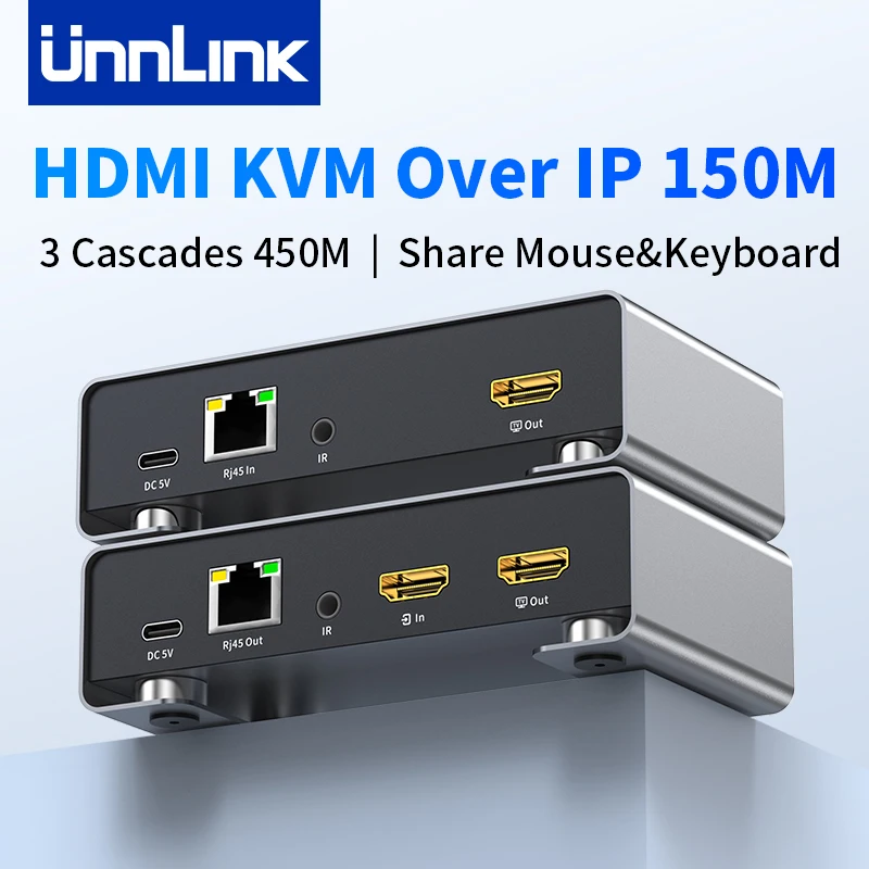 Unnlink 150M HDMI Extender 1080P HDMI USB KVM Over IP Support Cascade to 450 Meters For Camera PC to Monitor TV