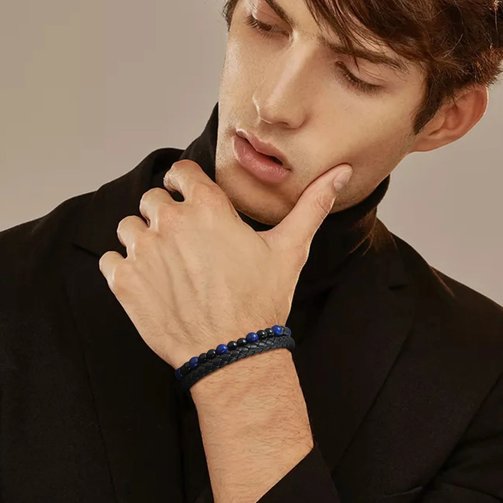 Vnox Mehrschichtiges Geflochtenes Lederarmband für Männer, Tigerauge Lapislazuli Perlen Magnetverschluss Armband Trendiger Männerschmuck Geschenk – Detail 2