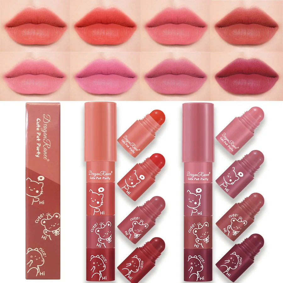 Four-Section Lipstick Autumn and Winter Matte Velvet Matte Lip Gloss Long-Lasting Makeup Effect Whitening Complexion Lip Gloss W
