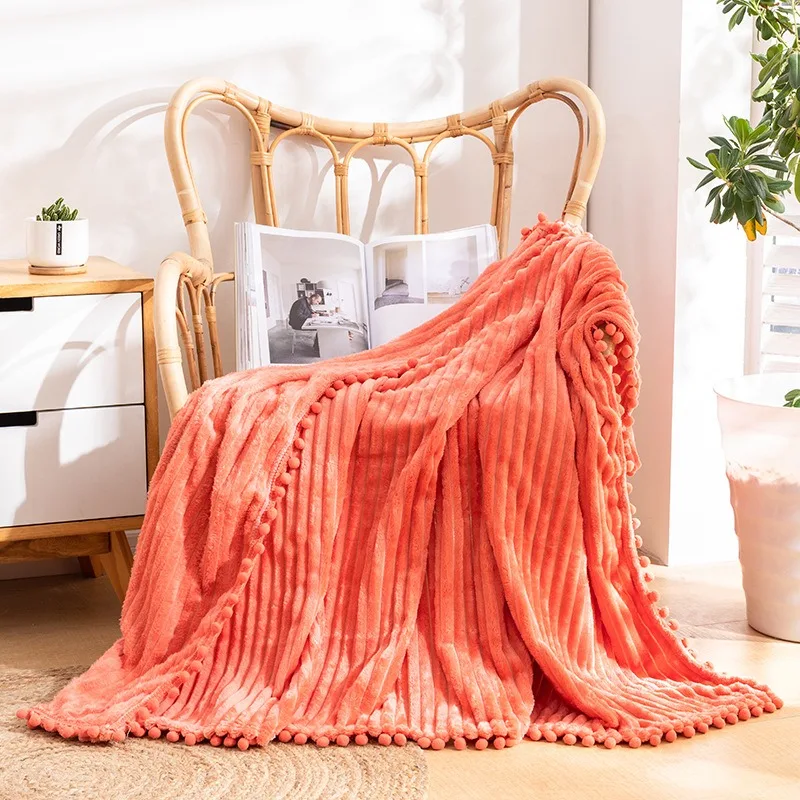 

Orange Striped Tassel Ball Blanket Flannel Nap Air Conditioning Sofa Cover Bedspread on The Bed Throw Leisure Travel Towel Quilt