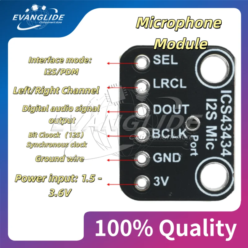 1 PCS ICS-43434 DC 1.5V - 3.6V ICS-43434 I2S MEMS microphone module, low-pass filter module High Signal-to-noise Ratio 65dBA