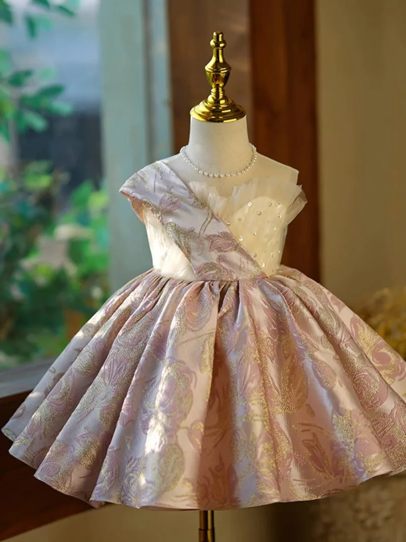 luxury Girls Princess Jacquard sequin Retro court Children Wedding Gown Sleeveless Kids Dresses baby infant Birthday Party Dress